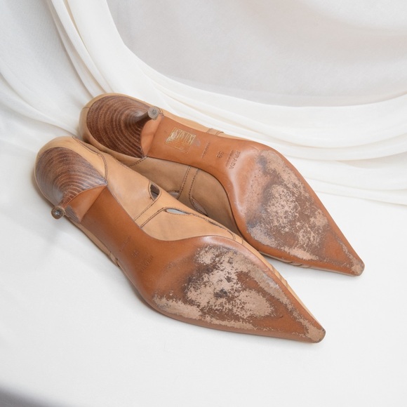 PRADA Tan Cut Out Leather Pointed Toe Kitten Heel Pumps - Picture 5 of 10
